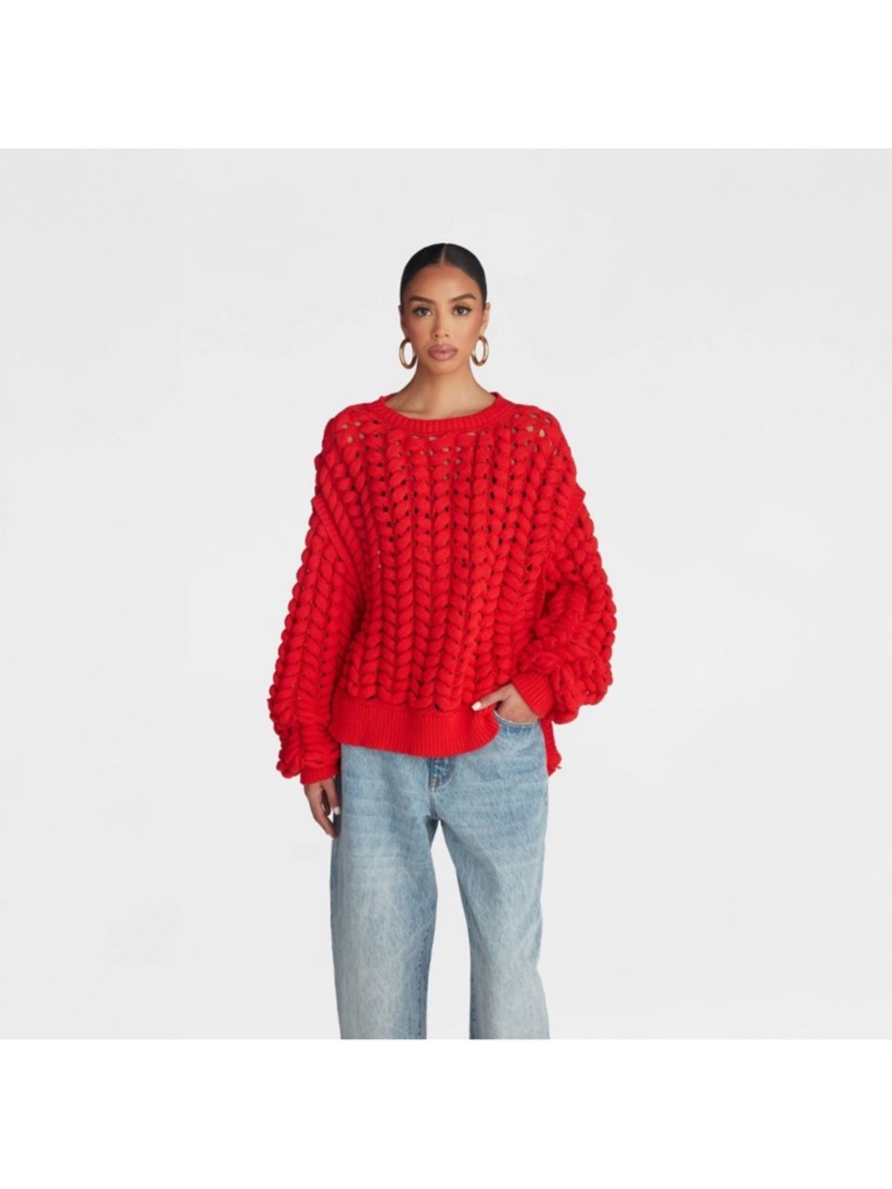 KBB by Kahlana Red Chunky Cable Crewneck Sweater